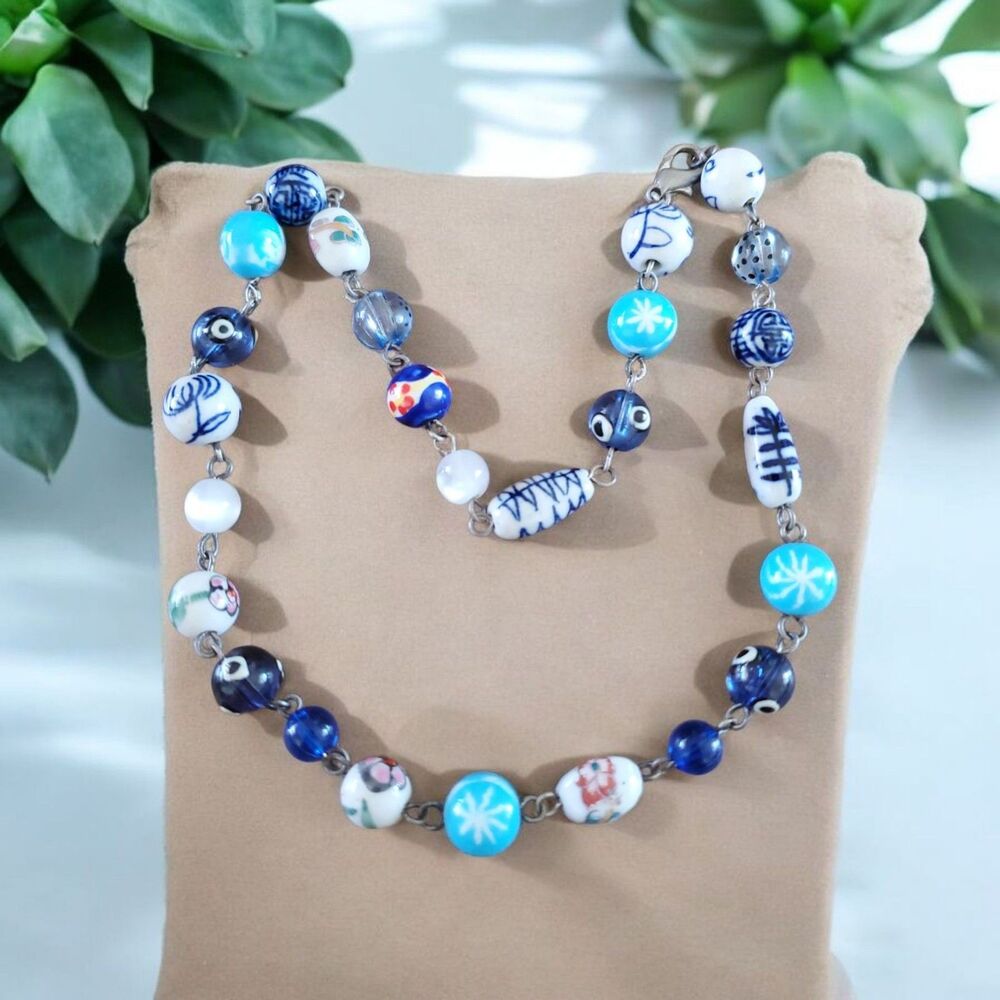 Vintage Porcelain Beaded Necklace Blue White 17" Lot Of Two